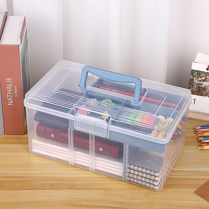 BTSKY 2 Layer Clear Plastic Dividing Storage Box with Removable Tray Multipurpose Stationery Storage Box with Handle Portable Sewing Box Art Craft Supply Organizer Home Utility Box (Big Blue) - Image 2